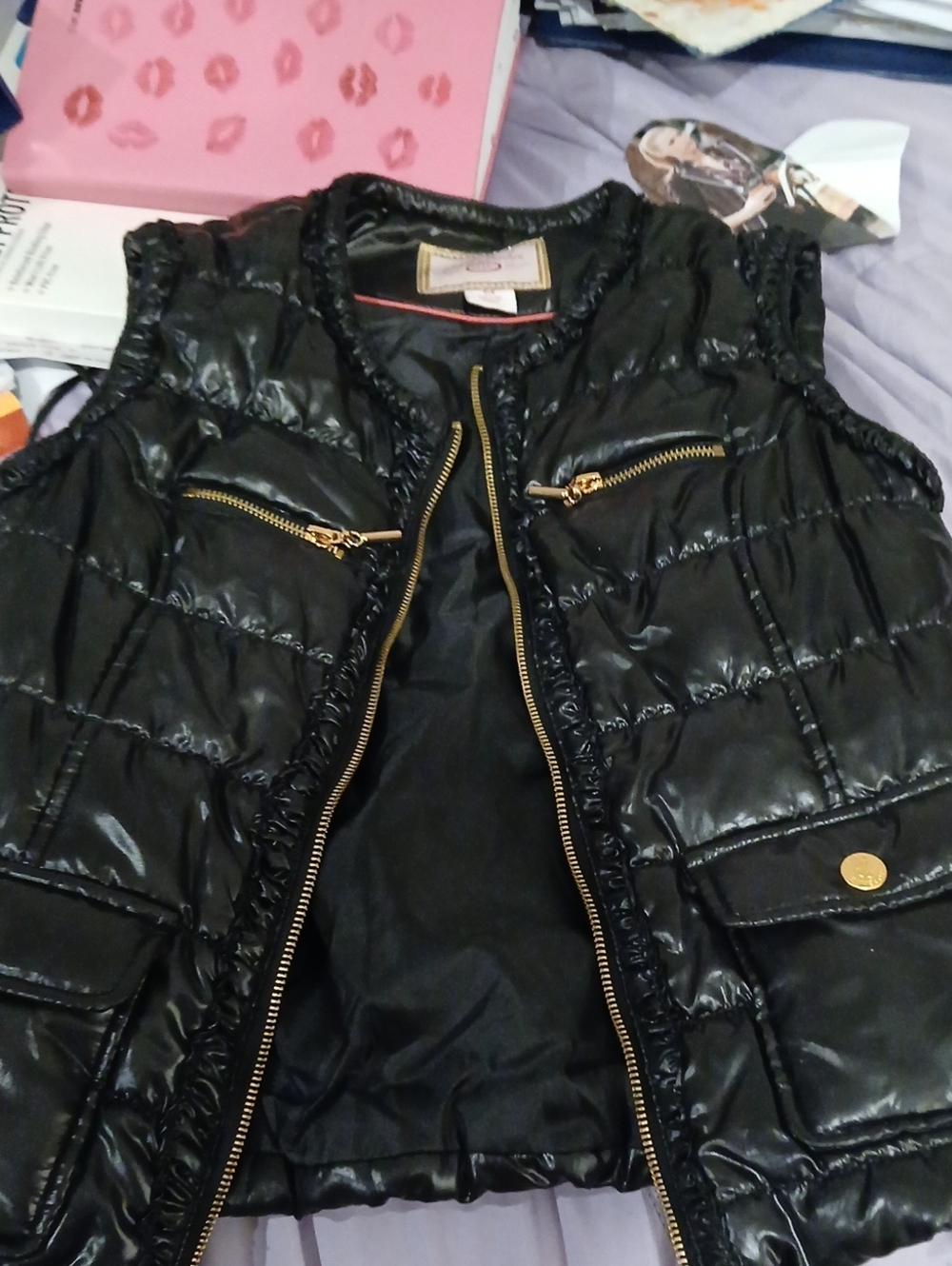 Pink Envelope Black Quilted Puffer Vest with Gold Hardware